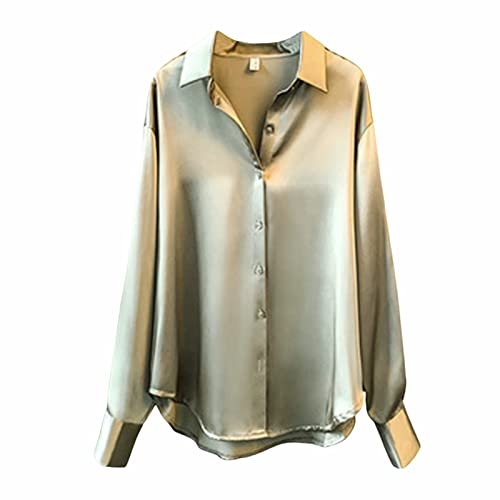 CGGMVCG Damen Tops Sommer Casual Lose Button Down Shirts Langarm Einfarbig Seide Satin Bluse Shirt für Damen, Grün , XX-Large