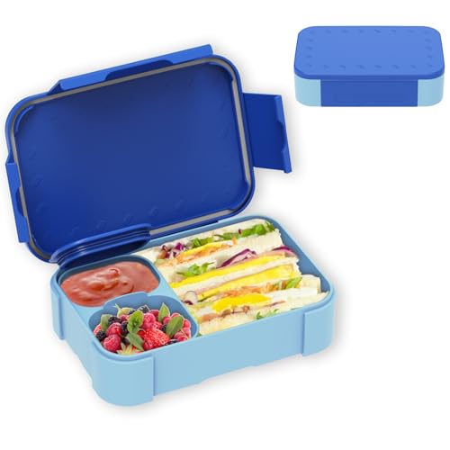 XJIANFU Brotdose Kinder mit Fächern,900ml Auslaufsichere Bento-Box, Kinder-Lunchbox,Auslaufsicher Fächern,Jausenbox Brotbox für,Mädchen & Jungen,Mikrowelle/spülmaschinenfest (Blue)