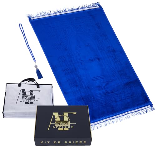 Afficop® Muslimisches Gebets-Set – dicker & bequemer Teppich für Gebet und Praxis des Islam + Tragetasche und Rosenkranz inklusive – für Damen und Herren (Himmelblau, Goldene Sonnenfinsternis)
