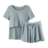 Damen-Pyjama, Schlafanzug, Ärmel, Nachtwäsche, Stillen, Shirt und Set, Baby, Umstands-Top, kurze Hose, Umstandspyjama mit Robe, grün, M