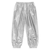 Jugaoge Mädchen Jungen Metallic Hose mit Glitzer Glänzend Sporthose Elastische Taille Jogginghose Loose Fit Traininghose mit Beinabschluss Tanzhose Dancewear Silber 98-104