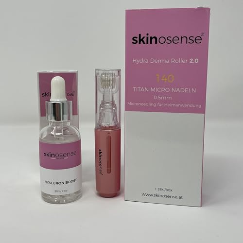 Skinosense 1er Set,Hydra Derma Roller 2.0, 30ml Hyaluron Booster, 0,5 mm Mikronadeln, 10 ml Serumbehälter, auswechselbarer Rollerkopf, Drucktastentechnik für präzises Auftragen