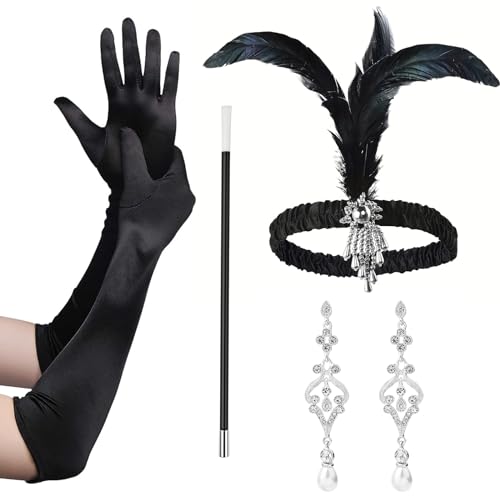 TUXUNQING Damen Satin-Handschuhe, lange schwarze Handschuhe, Feder-Stirnband, Feder- und Kristall-Stirnband, Mode-Accessoires im Retro-Stil der 1920er Jahre (Silber Weiss)