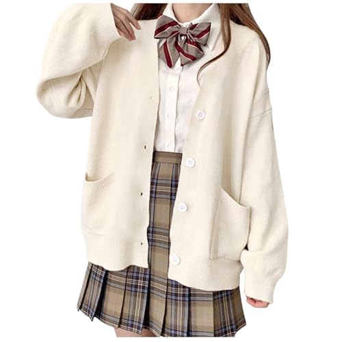 2025 - Womens Japanese Cute Knitted Cardigan Sweater Cosplay Long Sleeve Button Down School Jacket Für Kleid Festlich Damen (White, One Size)