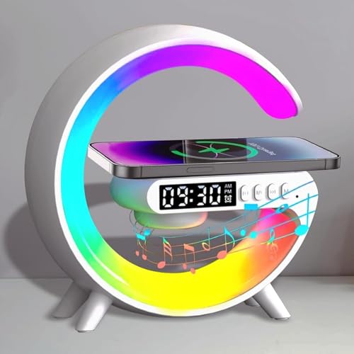 Kabelloses Ladegerät Lampe Bluetooth-Lautsprecher Musik Uhr Wecker Taste und App-Steuerung, 7 Licht Farbe Modi, Wecker für Schlafzimmer, Wohnzimmer, Haus und Büro Wecker mit kabellosem Ladegerät