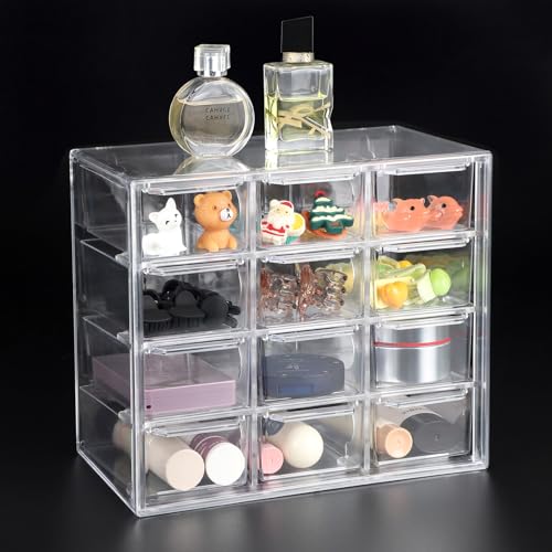 Supaway Acryl Desktop Aufbewahrung Mini Organizer mit 12 Schubladen Klare Desktop Handwerk Schublade Schrank Stapelbare Desktop Aufbewahrungsbox für Kosmetik Schmuck Schreibwaren (18x10x15.5cm)