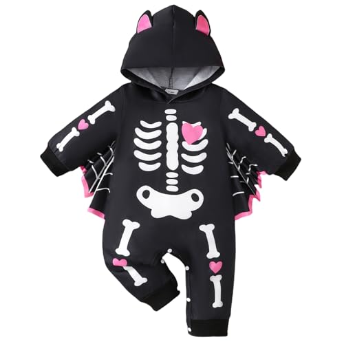 Odizli Neugeborene Baby M�dchen Jungen Halloween Kleidung Langarm Skelett Teufel Fledermaus Kapuze Strampler Body Overall Hut Umhang Babysachen Set Herbst Winter Babykleidung Schwarz Rosa 12-18 Monate