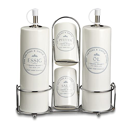 KHG Menage Set, Öl- & Essig-Spender Salz- & Pfefferstreuer, Öl Essig Dosierer, Salz & Pfeffer Streuer, Weiß Keramik Steingut gänzend glasiert, Edelstahl-Halterung, Landhaus Vintage Stil, beschriftet
