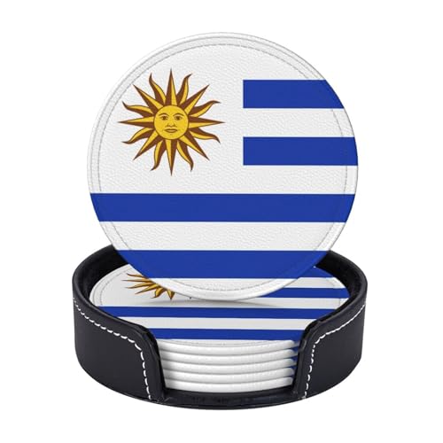 6 Stück Uruguay-Flaggen-Leder-Untersetzer mit Halter für Getränke, hitzebeständig, rutschfest, Nationalflagge, lustige Untersetzer für Holztisch, Kaffee, Bar, Küche, Dekoration, Einweihungsfeier, 6