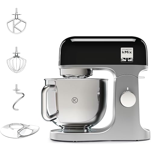 Kenwood kMix KMX750BK Küchenmaschine, 5 l Edelstahl Schüssel, Safe-Use-Sicherheitssystem, Metallgehäuse, 1000 Watt, inkl. 3-Teiligem Patisserie-Set und Spritzschutz, Schwarz