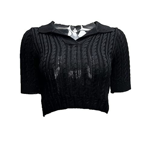 Damen V-Ausschnitt Revers Pullover Tops Kurzärmelige Cable Knit Slim Fit Cropped Tops Festes Farbe Mode Sexy T-Shirt (Schwarz,XXL)