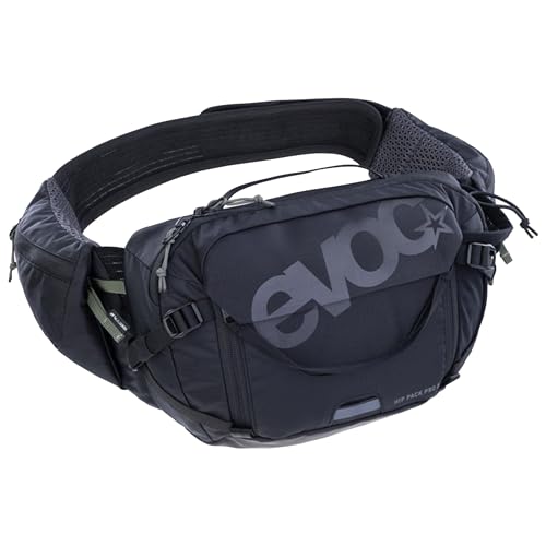 EVOC HIP PACK PRO 3 + HYDRATION BLADDER 1,5, Hüfttasche (AIR FLOW CONTACT SYSTEM, AERO FLEX Hüftgurt, inkl. 1,5l Trinkblase und Flaschenhalter, One Size), Schwarz