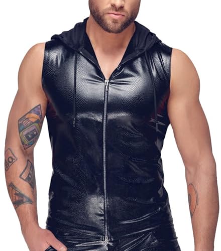 Manview Latex ähnliches Herren Oberteil - Herren Top mit Reissverschluss und Kapuze - Grösse M