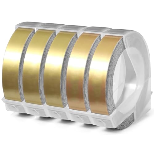 Acmerota 5 Stück Etikettenband mit Goldprägung, selbstklebendes Klebeband, kompatibel für DYMO Omega Etikettenband, 9 mm x 3 m Rollen, weißer Druck auf Gold, 3D-Prägungsetikettenband