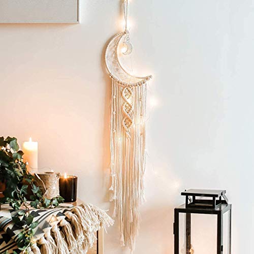 Koytoy Makramee Wandbehang Mond Traumfänger mit LED Licht Handgefertigt Gewebte Dreamcatcher Boho, Haus Dekoration Chic Home Decor Geschenke Apartment Raumdekoration für Eid Mubarak Ramadan