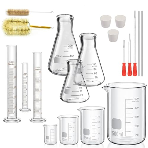 Bechergläser Erlenmeyerkolben Messzylinder Set, ZEEROQOLAB 4 Graduierten Becherglas, 3 Glasmesszylinder mit 3 Konisch Fläschchen, mit 3 Glas Pipetten, 2 Glas Rührstab und 2 Waschbürste