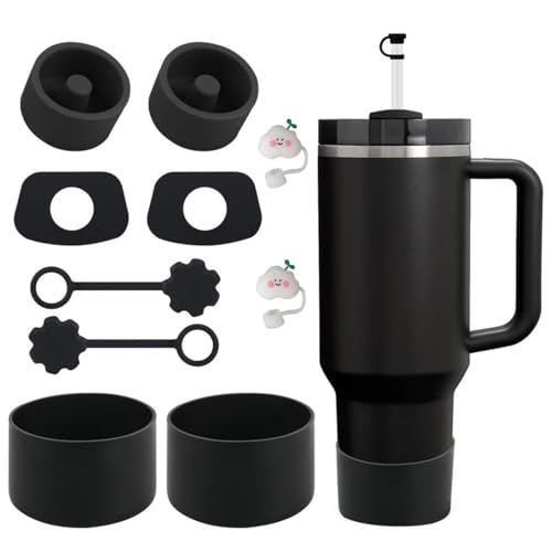 WYGOOD 10 Stück Stanley Cup Zubehör, Enthält 4 auslaufsichere Silikonstopfen, 4 Strohhalme Abdeckung 2 Bottom Protector Silicone Boot für Stanley Cup 1,2 l- und 850 ml-Becher (Schwarz)