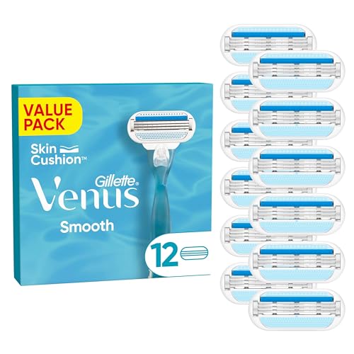 Gillette Venus Smooth Damenrasierer Ersatzklingen, Set von12, mit 3 sich der Körperkontur anpassenden Klingen, umgeben von Schutzkissen