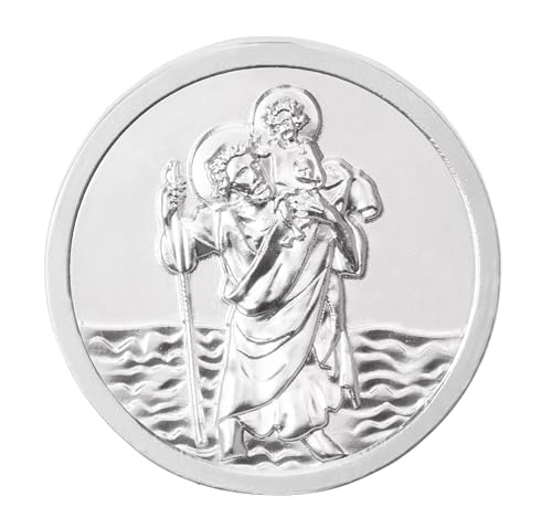FRITZ COX Silberne Christophorus Autoplakette Heiliger Schutzpatron der Reisenden und Kinder | Magnet und Klebepunkt | Geschenkkarte mit personalisierbarer Rückseite | 3 cm