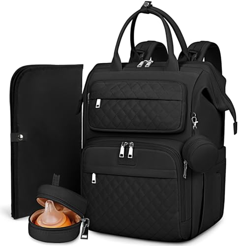 RAINSMORE Baby Wickelrucksack Groß Wickeltasche Rucksack mit Wickelauflage Schnullerhalter Kinderwagengurten Babytasche Diaper Bag Multifunktions für Mama und Papa Schwarz