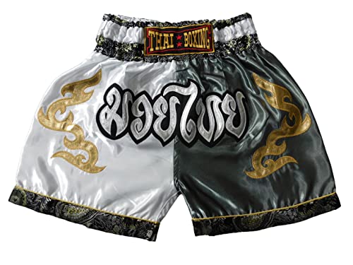 Generisch Grösse M Kinder Muay Thai Boxen Short Hose Pant MMA Kickboxen Jungen Mädchen Jugendliche Workout Junior Sport Gym Fitness Weiss-Grau