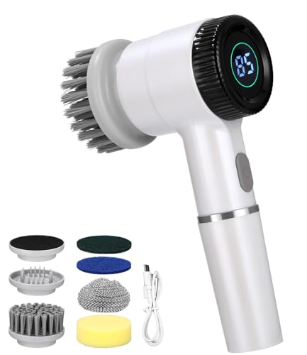 TIDEVAN 5 in 1 Elektrische Reinigungsbürste, Elektrische Bürste zum Putzen mit Led Anzeige Elektrische Bürste mit 5 Bürstenköpfe, 3 Geschwindigkeiten, Spin Scrubber für Bade,Fliesenboden und Auto