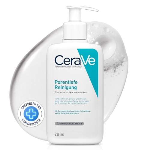 CeraVe Porentiefe Reinigung für das Gesicht, Schäumendes Reinigungsgel gegen Pickel, Für unreine und zu Akne neigender Haut, Mit Tonerde und Niacinamid, 1 x 236 ml