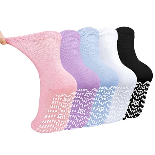 PUTUO Rutschfeste Socken für Damen Stoppersocken: ABS Antirutschsocken ohne Gummibund Frauen Antirutsch Socken mit Noppen Baumwolle Sport Noppensocken Rutschsocken Mehrfarbig 5 Paar 39-42