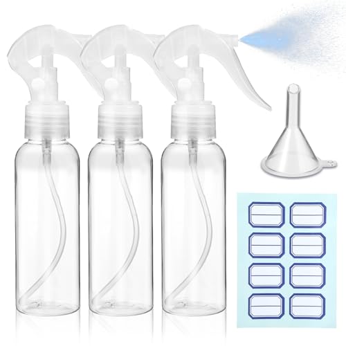 3 Stück Sprühflasche, 100ml Kleine Sprühflaschen zum Befüllen Transparente Leer Feinen Nebel Sprühflasche mit Etiketten Trichtern Reise Zerstäuber für Flüssigkeit Kosmetik Reinigung Körperpflege