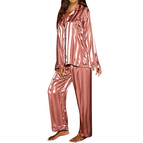 Duohropke Damen Pyjama Satin Schlafanzug Set,Damen Faux Silk Pyjama Set 2-Teiliges Satin Revers Knopf Pijama Langarm Nachtwäsche Weiche Pyjamas Set Nachthemd Homewear Loungewear