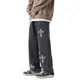 Herren Baggy Jeans Hip Hop Jeans Teenager Junge Streetwear Skateboard Y2K Hose Vintage Bedruckte Jeans Freizeithose Waschverfahren Im Retro-Stil Teenager-Black-1||M