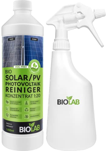 BIOLAB Solar & PV Photovoltaik Reiniger Konzentrat 1:20 (1 Liter plus Sprühflasche) Solarreiniger zum Reinigen von Solaranlage, Photovoltaikanlage, Solarpanel, Solarmodul, PV-Anlage