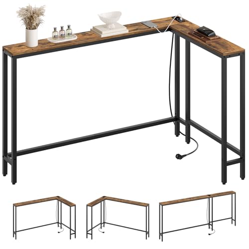 YATINEY Konsolentisch schmal, 180 cm L-förmiger Eingangstisch, 15 cm breit Flurtisch, 3 Kombinationsmodi, 1 Steckdose und 2 USB-Anschlüsse, für Wohnzimmer, Flur, hinter dem Sofa, Vintagebraun XCT07CBR