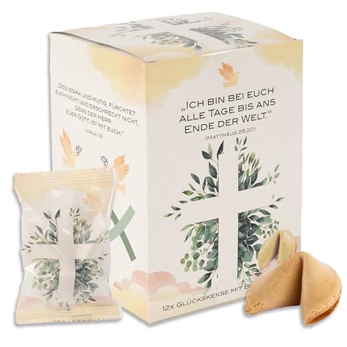 FOOD crew 12 Bibel Glückskekse in christlicher Geschenkbox - Glückskeks mit Bibelversen - Einzeln verpackt - Inspirierende Botschaften - Ideal für Taufe, Kommunion, Konfirmation oder Weihnachten