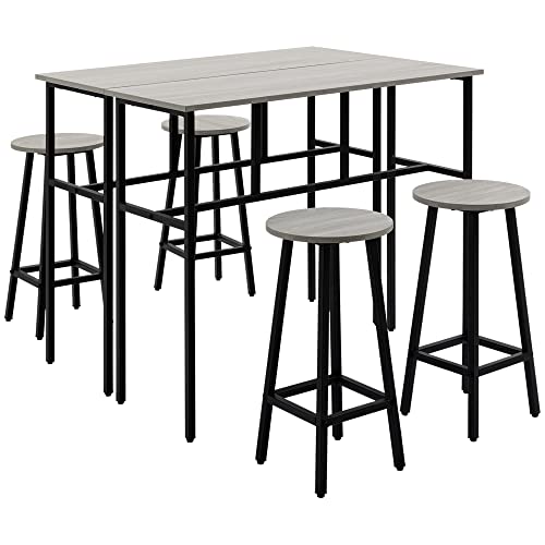 HOMCOM 6-teilig Essgruppe 2 Bistrotisch mit 4 Stühlen Hocker Bartisch Set Esszimmergruppe Sitzgruppe im Industrial Design Barhocker-Set für Wohnzimmer Esszimmer Spanholz Stahl Grau+Schwarz