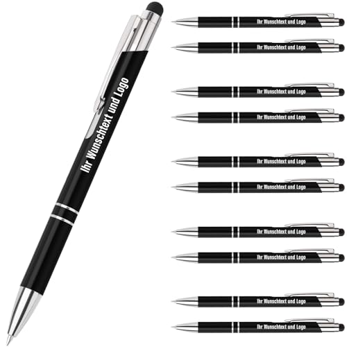 Gravurmaster 10 Stück Kugelschreiber mit Touchpen personalisierter Kugelschreiber mit Gravur Druckkugelschreiber Set, Druckkugelschreiber mit Wunschtext & Logo, Für Business, Büro, Schule unw.