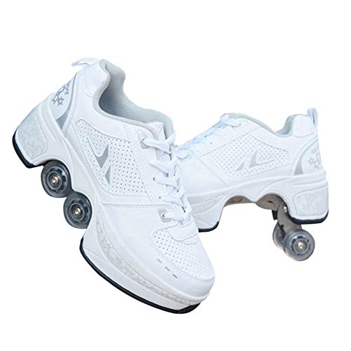 JTKDL Rollschuh Roller Skates Lauflernschuhe, Sneakers, 2in1 Mehrzweckschuhe Schuhe Mit Rollen Skateboardschuhe,Inline-Skate,Verstellbare Quad-Rollschuh Stiefel,Silver-37
