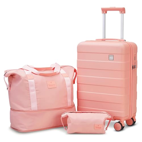 imiomo Kofferset 3 Teilig Hartschale Reisekoffer von ABS Trolley 4 Rollen Der Koffer Enthält 1 Kosmetikkoffer und 1 Tragbare Tasche Rosa