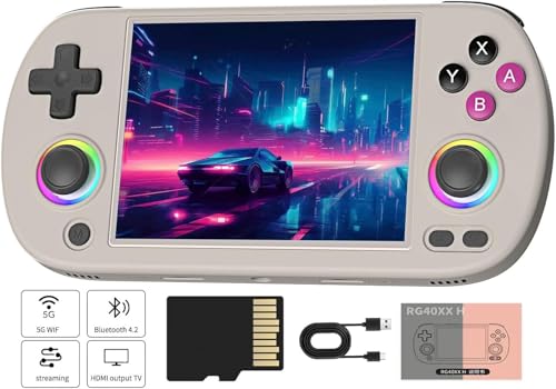 Whatsko RG40XX H Handheld Spielkonsole,Duale Joysticks mit RGB-Beleuchtung 4 Inch IPS Screen,Support 5G WiFi Bluetooth 4.2 und HDMI TV-Ausgang,Built-in 64G TF Card mit 5500+ Spielen(Grau)