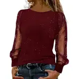 Festliche Oberteile Damen Glitzer Blusen Damen Glitzer Oberteile Elegant Sexy Silvester Outfit Pailletten Oberteil Modern Casual mit Glitzer Glitzer Shirt Große Größen Langarm Tunika