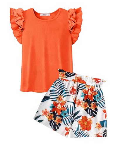 Arshiner Mädchen Ärmelloses Bekleidungssets Sommer Outfit Orange T-Shirt mit Shorts Kleidung Set Kinder Freizeitanzug Mode Top Zweiteiler Sets Mädchenkleidung mit Taschen 8-9 Jahre