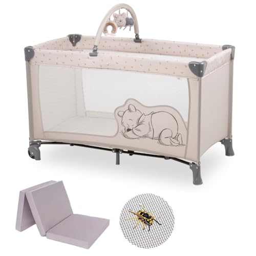 hauck Reisebett Dream N Play Go mit Matratze - faltbares Kinder Babyreisebett mit Tasche, Spielbogen & Insektenschutz - Disney - Pooh Rainbow Beige