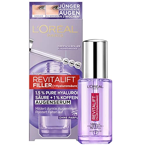 L'Oréal Paris Augenserum mit 1,5% Hyaluronsäure und 1% Koffein für eine strahlende Augenpartie, Mit kühlendem Kugel-Applikator, Revitalift Filler Augenserum, 1 x 20 ml