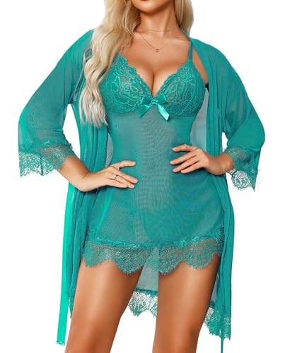 RSLOVE Sexy Dessous für Damen Spitzen-Babydoll mit Morgenmantel Nachtkleid Nachtwäsche Blau Grün XL