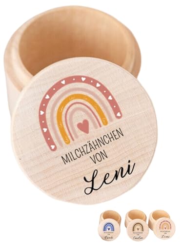 wunderwunsch - Milchzahndose personalisiert aus Holz mit kinderfreundlichem UV-Druck - Zahndose Milchzähne als Erinnerung an die ersten Zähnchen (Regenbogen rosa)