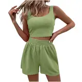 HXRYPG Gutscheine Damen Zweiteiler Sommer Outfits Sport Hosenanzug Casual Kleidung 2 Teiler Crop Tank Top und Shorts Y2K Aesthetic Clothes Workout Anzug Baumwolle Loungewear Set Grün M
