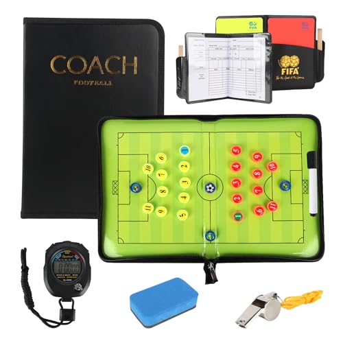 LUFEIS Fußball Taktiktafel, Trainer Trainermappe, Tragbar Trainermappe fußball, mit Rote Gelbe Karte, Magneten, Schiedsrichter Pfeifen, Timer, und Radiergummi, für Taktische Anleitungen und Training