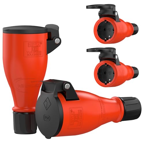 RedStar24 Schuko Kupplung 230V IP54-4er Set Robuste Steckdosen, 3-Polig, Gummi & Kunststoff, Schwarz Rot | Automatische Federabdeckung, Einhandbedienung | Ideal Outdoor Anwendungen