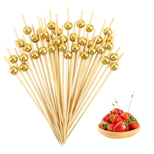 100 Stück Cocktailspieße,Spieße Fingerfood,Holz Spieße Fingerfood,Spiesse für Snacks Fingerfood,mit Gold Perle 12 cm,für Grillpartys,Fingerfood,Obstspieße,Vorspeisen,Weihnachts- und Karnevalsfeiern.