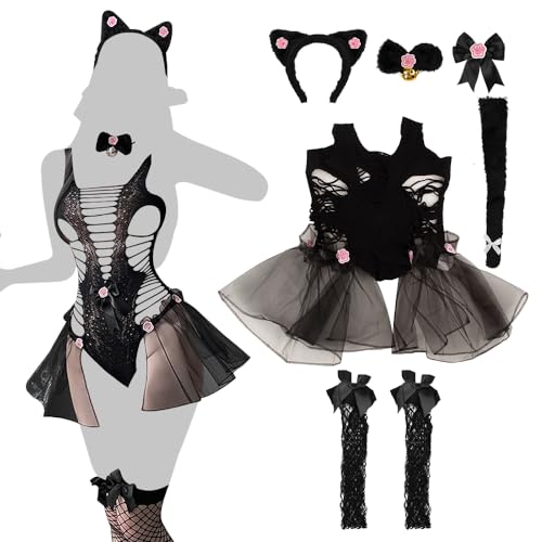 GKLWEJ Cosplay Sexy Damen, Sexy Cosplay Frauen, Sexy Kostüme Frauen, Sexy Outfit für Damen,Cosplay Dessous Sexy, Sex Kleidung Damen mit Haarband + Glockenhalsband + Schwänze +Netzstrümpfe